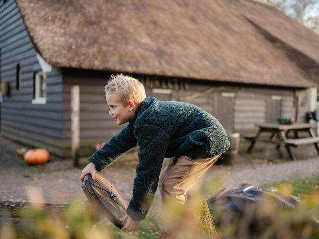 Jongen klimt op boomstam